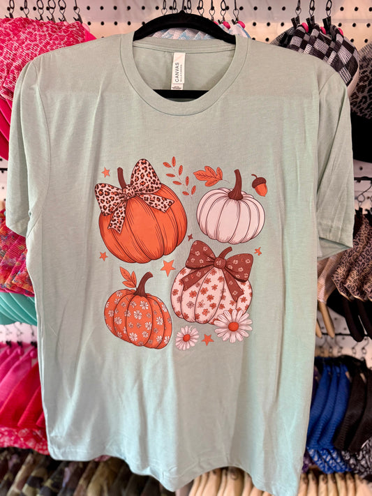Bow Pumpkin Patch Tee - Sage Green Fall Graphic Shirt